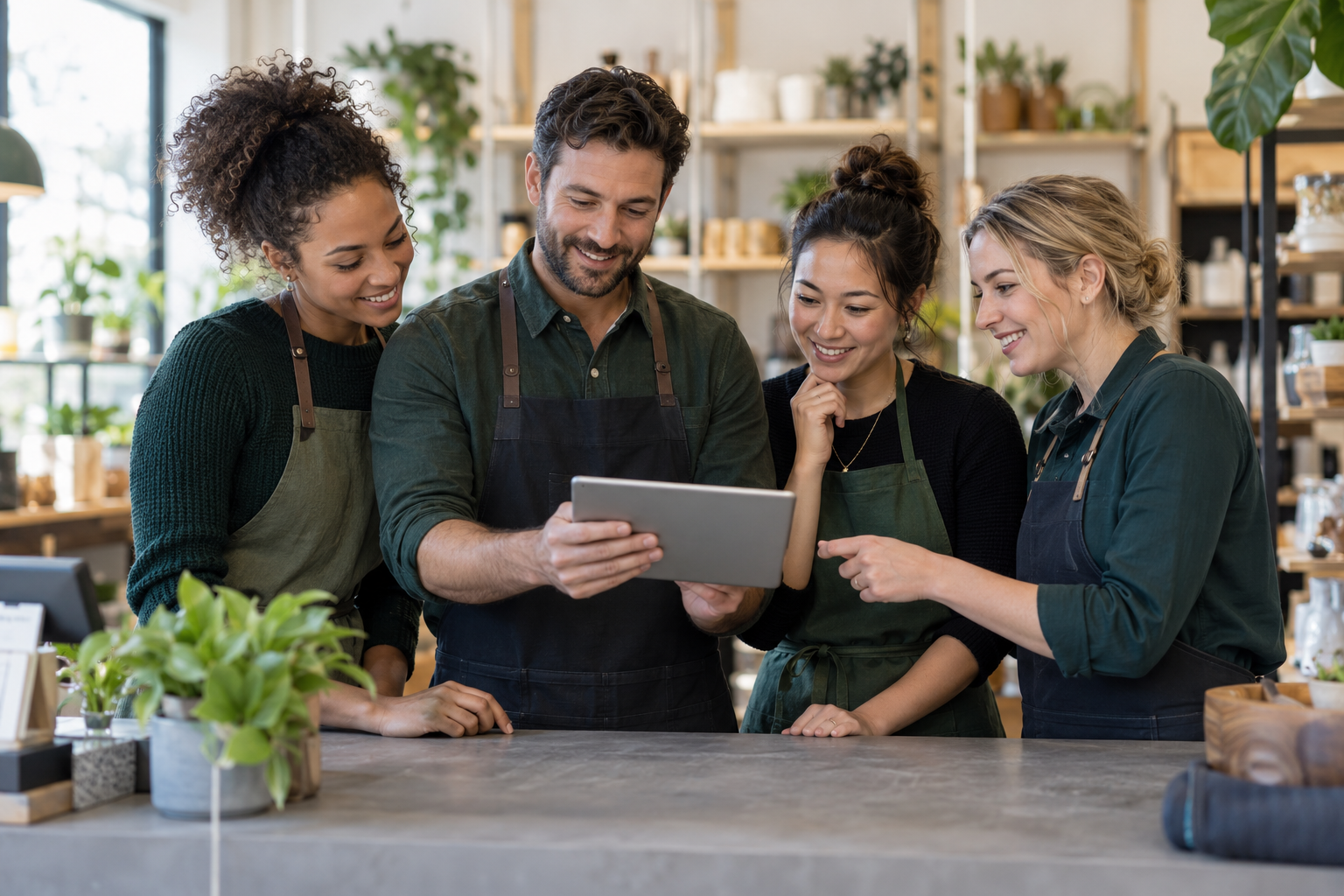 Retail teammates reviewing a tablet together at their store counter